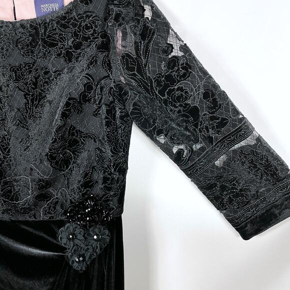 Marchesa Black Velvet Gown Cutwork Floral Embroidered Side Slit Sz 6 - Picture 6 of 10